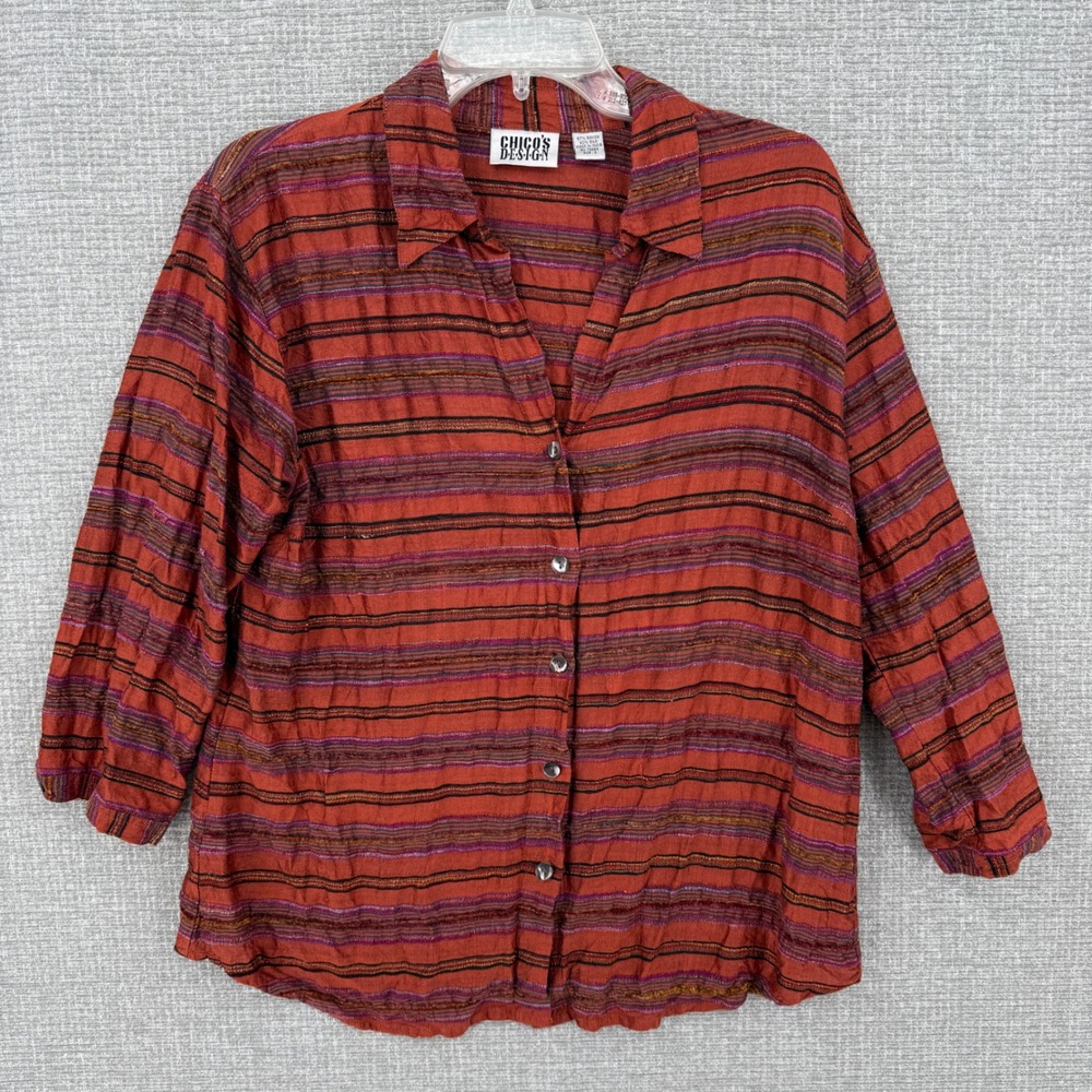 Vtg Chicos Design Button Up Shirt Womens L 2 Silk Blend Striped Boho Art To Wear
